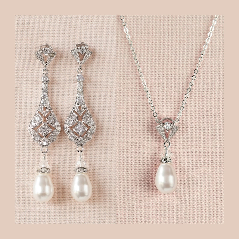 Bridal Necklace Earring SET, Wedding Earrings, Pearl Drop Necklace and Earrings, Swarovski Pearls and Crystals, Kristy Earrings and Necklace image 1