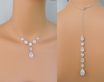 Simple Bridal Necklace, Backdrop Wedding Necklace, Crystal Bridal Jewelry, Custom Bridal Jewelry SET, Julienne Crystal Drop Necklace