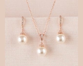 Rose Gold Bridal Jewelry SET, Swarovski Wedding jewelry, Classic Pearl Bridal Jewelry, Wedding Necklace, Pearl Drop Bridal SET, Nova Jewelry