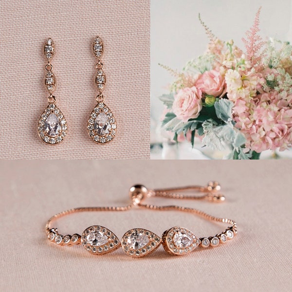 Dainty Bridal Earrings, Rose Gold Wedding Bracelet, Adjustable Bridal Bracelet, Wedding Jewelry, Crystal Stud Earrings,  Maddie Jewelry