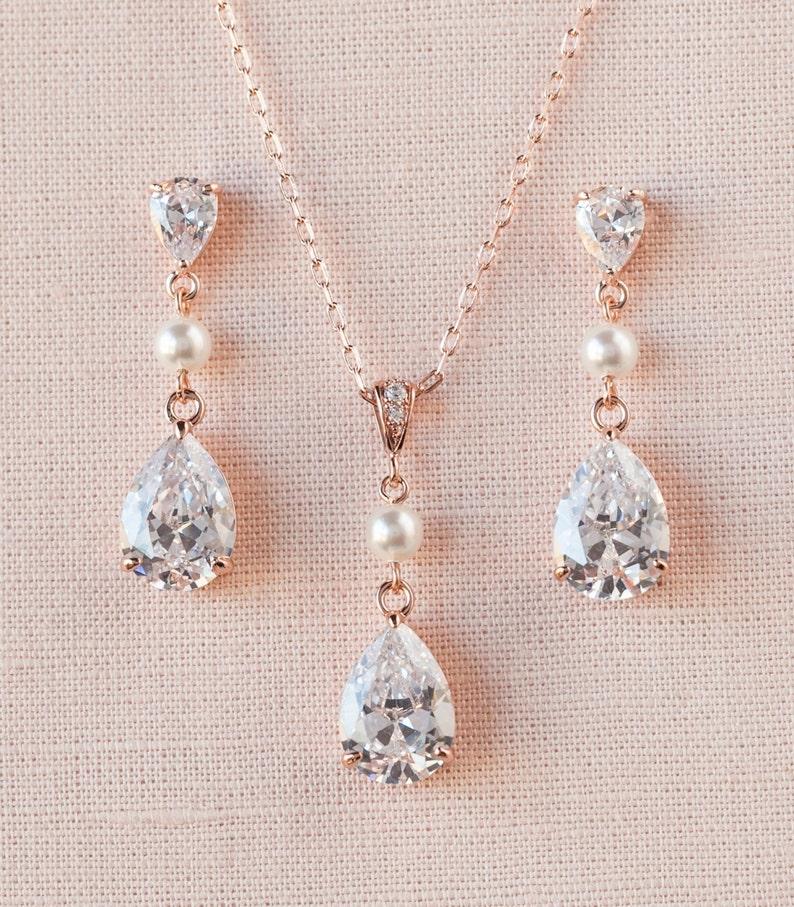 Bridal Jewelry SET Rose Gold Wedding jewelry Swarovski Pearl | Etsy