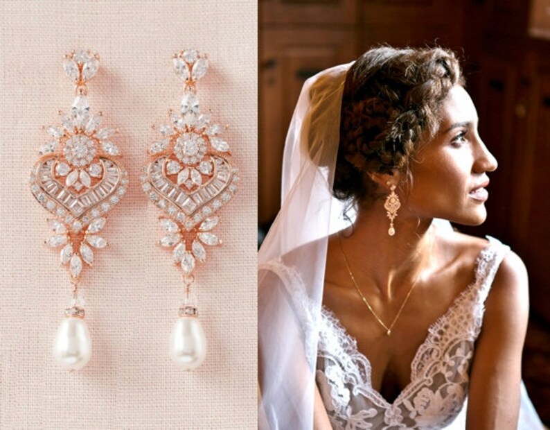 Rose Gold Bridal Earrings Crystal Wedding Earrings Bridal Etsy