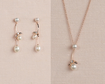 Pearl Drop Bridal Earrings, Dainty Bridal Jewelry, Gold Wedding Earrings, Rose Gold Pearl Bridal Necklace, Bridal Jewelry set, Fiona Jewelry