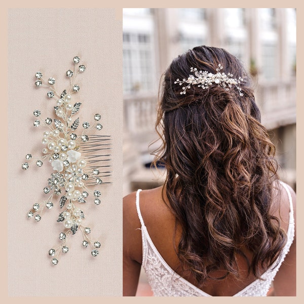 Peigne à cheveux de mariée, liane de cheveux de mariage, mèche de cheveux feuille, mèche de cheveux perle, peigne à cheveux de mariage or rose, peigne à cheveux en cristal, peigne adalynn