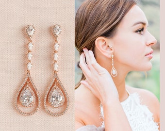 Chandelier Bridal Earrings,  Rose Gold Wedding jewelry, Long Gold Crystal Wedding Earrings, Amelia Crystal Earrings