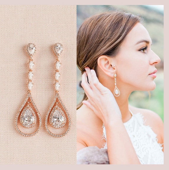 Buy Chandelier Bridal Earrings, Rose Gold Wedding Jewelry, Long Gold Crystal  Wedding Earrings, Amelia Crystal Earrings Online in India 