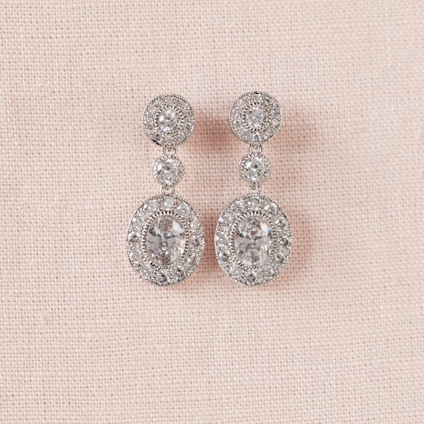 Small Bridal Earrings, Oval Wedding Necklace, Simple Wedding Jewelry, Vintage style Bridal Earrings, Short Christine Bridal Jewelry