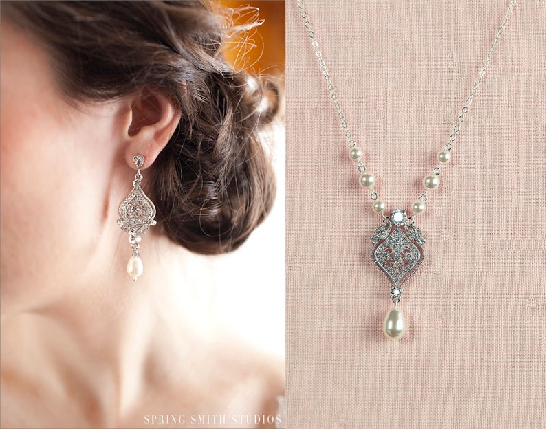 Bridal Jewelry SET Pearl Wedding Necklace Bridal Earrings Etsy