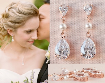 Brudörhängen i roséguld, Bröllopssmycken Swarovski-pärlor och kristaller, Bröllopsörhängen, Brudsmyckeset, Kristalldroppe och pärleset