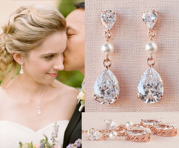 Rose Gold Pear-Shaped Drop Bridal Earrings with Pave CZ | NY Gift Boutique