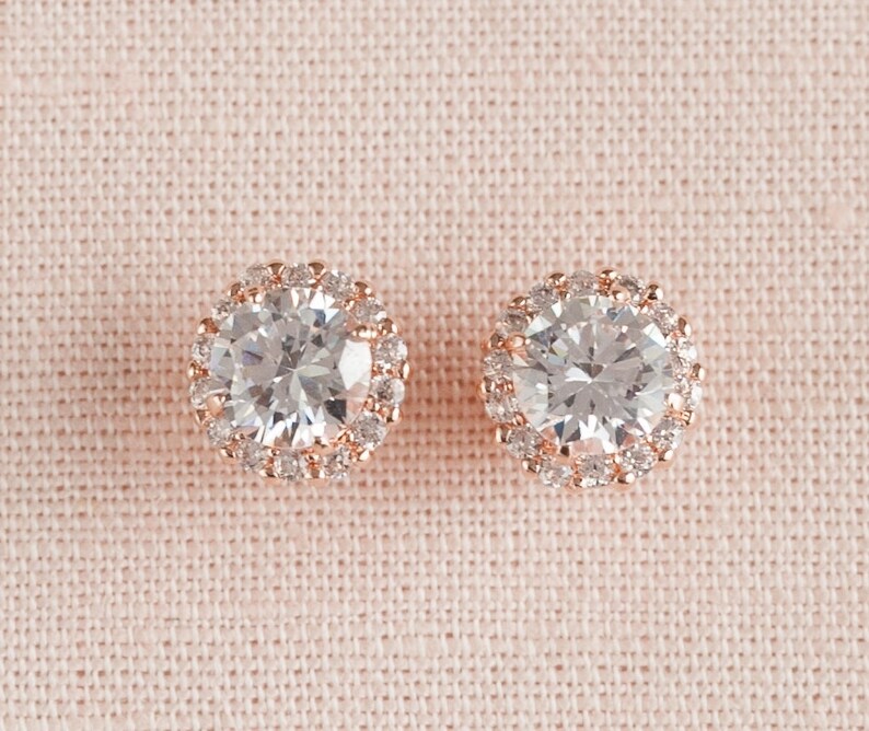 Gold Stud Bridal Earrings Crystal Wedding Earrings Halo Etsy
