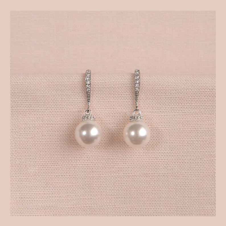 Pearl Bridal Earrings, Classic Pearl Wedding Earrings, 2 Lengths, Rose Gold Bridesmaid earrings, High Quality European Pearl Earrings, Nova image 1