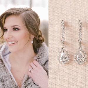 Earrings for Bride, Crystal Wedding Earrings, Halo Tear drop earrings, Bridal Bracelet, Wedding Jewelry SET, Bailey Bridal Jewelry