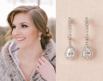 Earrings for Bride, Crystal Wedding Earrings, Halo Tear drop earrings, Bridal Bracelet, Wedding Jewelry SET, Bailey Bridal Jewelry