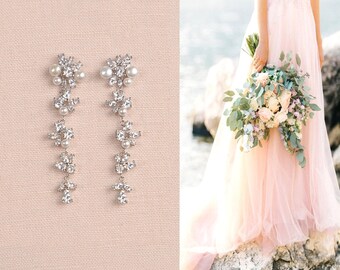 Pearl Bridal Earrings, Long Dainty Earrings, Crystal Wedding Jewelry, Pearl Bridal Necklace, Bridal Jewelry Set, Josephine Jewelry