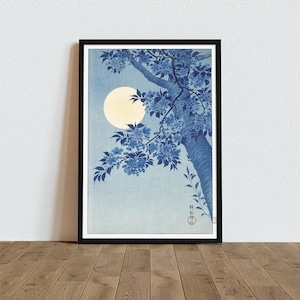 Japanische Kunst:Blühende Kirsche bei Mondschein,Ohara Koson,Koson Fine Art Druck,Vintage Blau,Antike Zeichnung,Kunst bei Mondschein