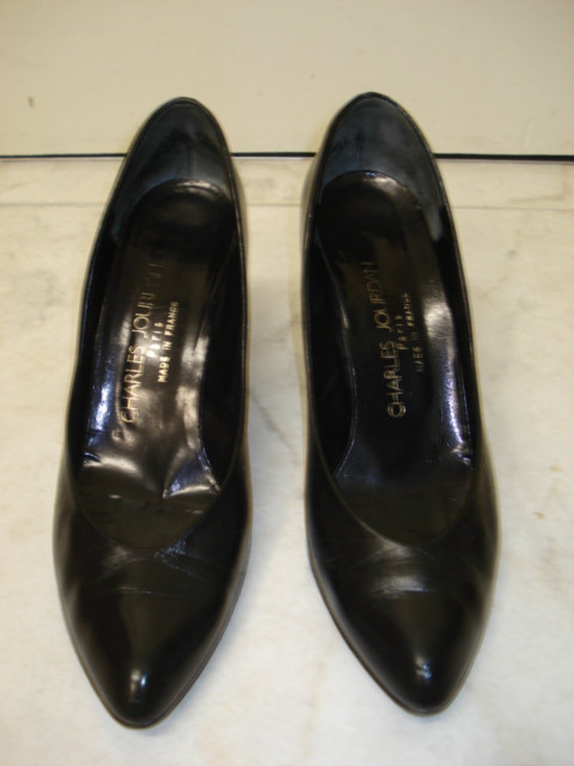 Vintage Charles Jourdan Black Leather Heels Pumps Shoes Vtg Made in