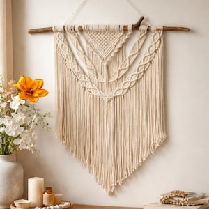 Puede incluir: Tapiz de macramé color crema con un diseño geométrico, suspendido de una rama de madera natural. La pieza texturizada presenta intrincados nudos y flecos, agregando un toque bohemio a la decoración del hogar. El tapiz se exhibe contra una pared blanca.