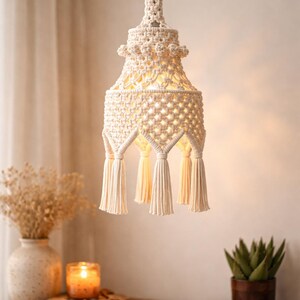 Boho Macrame Pendant Lampshade, Handmade Woven Light Shade, Neutral Bohemian Lighting Decor, Handmade Hanging Lamp Shade, Warm Ambient Decor