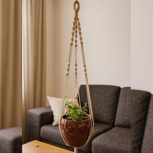 May include: A hanging macrame plant holder with a brown ceramic pot filled with greenery. The plant holder is suspended from a ceiling hook. The background includes a sofa, a wooden table, and a neutral-toned curtain.