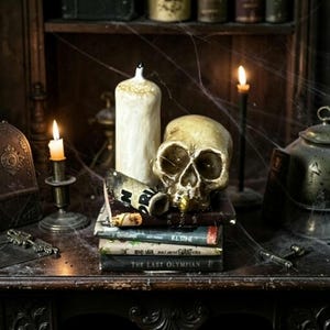 Pila de libros con forma de calavera en miniatura para casa de muñecas, decoración de biblioteca gótica, vela estilo Dark Academia (escala 1:12)