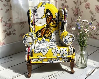 Butterfly Wingback Chair | 1:12 Scale Dollhouse Furniture | Yellow Floral Mini Armchair
