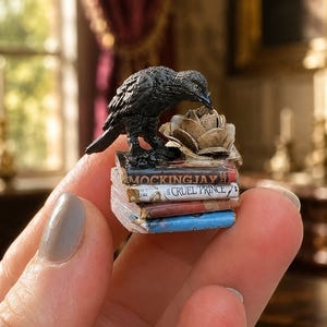 Mini Raven Book Stack with Rose – Gothic Dollhouse Decor – 1:12 Scale Miniature