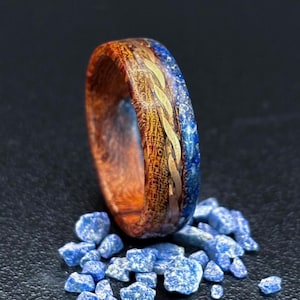 Solid wood ring, engagement ring, party ring, statement ring, ring with golden-colored foil, silver ring, handcrafted ring from Patagonia.