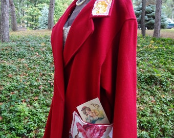 Vintage Altered LARGE Retro Red Barkcloth Wool Coat Boho Indie Yoga Maternity Eco-FRIENDLY