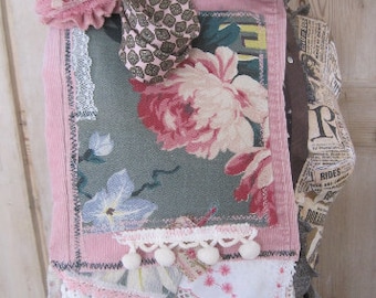 CUSTOM AVAILABLE...Vintage Shabby Pink Handbag Crossbody Bag Purse Tote with Upcycled Barkcloth, Silk and Lace Accents