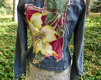 Denim Artsy Upcycled Women's SMALL Jacket Barkcloth Boho Festival Gypsy Indie