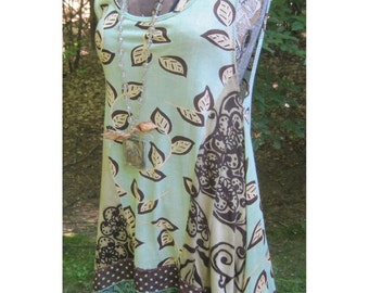 Small Blue Green Indie Boho Upcycled Funky Arty Lagenlook Tunic Top Floral Tank