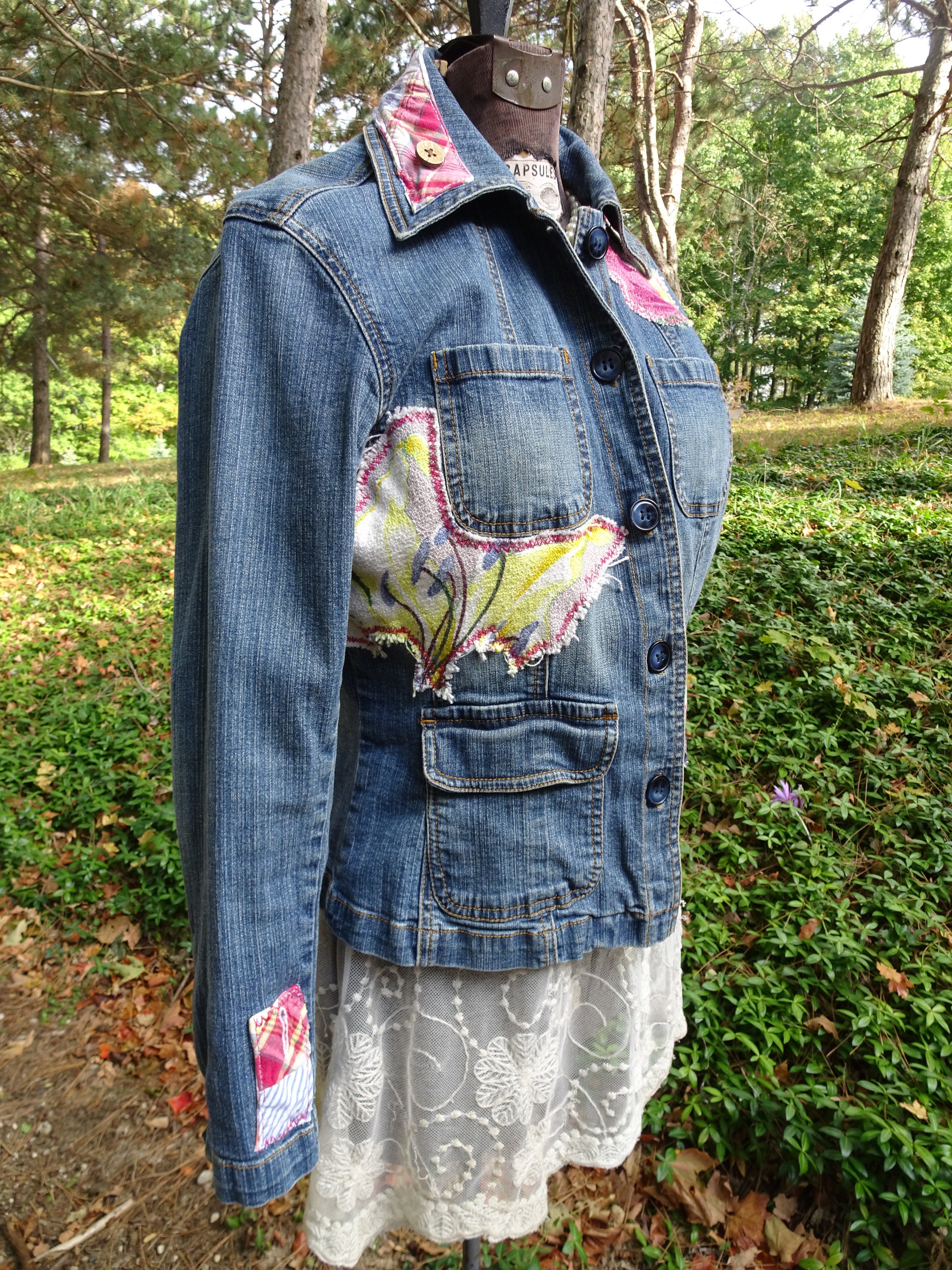 Denim Artsy Upcycled Women's SMALL Jacket Barkcloth Boho - Etsy