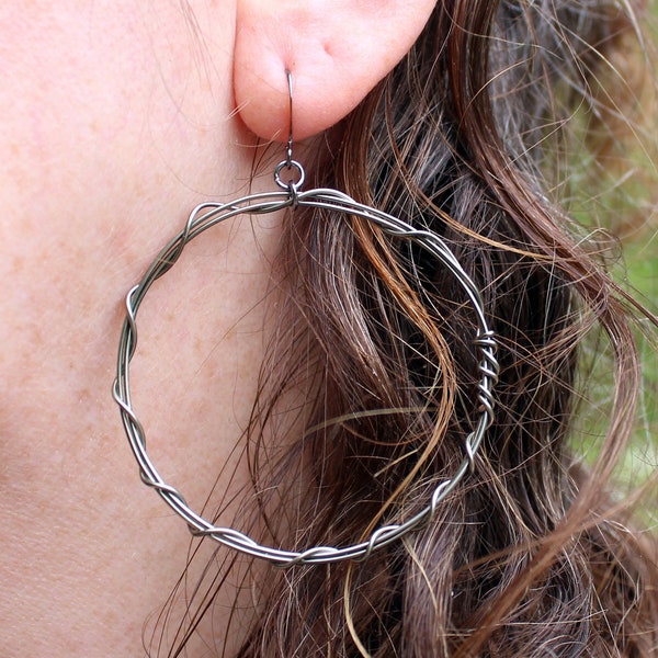 Gunmetal finish large twisted wire hoop earrings