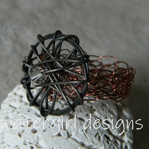 crocheted vintage copper ring, sculptural steel and swarovski crystal