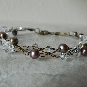 Bronze wire anklet with pearls, quartz, and crystals