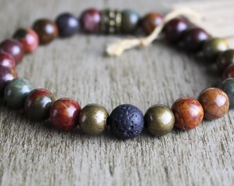 Men's red creek jasper and lava rock bracelet