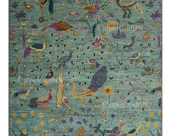 Hand-Knotted Oushak Rug Peacock Bird Nature Vintage Floral Carpet Antique Rug luxury Living Room Rug, 9x12, 10x14, 8x10 Vintage Custom Rug