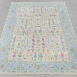 Oushak-tapijt, handgeknoopt wollen vloerkleed, pastelblauwroze vloerkleed, vintage Turks bloementapijt, ivoor neutraal woonkamer vloerkleed maat 5 x 8 6 x 9 8 x 10