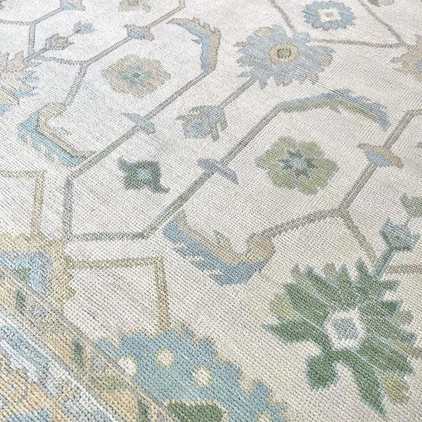 Alfombra Oushak de lujo moderna de 7x10 y 10x14 pulgadas con nudos en verde salvia azul para sala de estar o dormitorio. Alfombra de entrada Oushak hecha a medida. Tamaño personalizado.