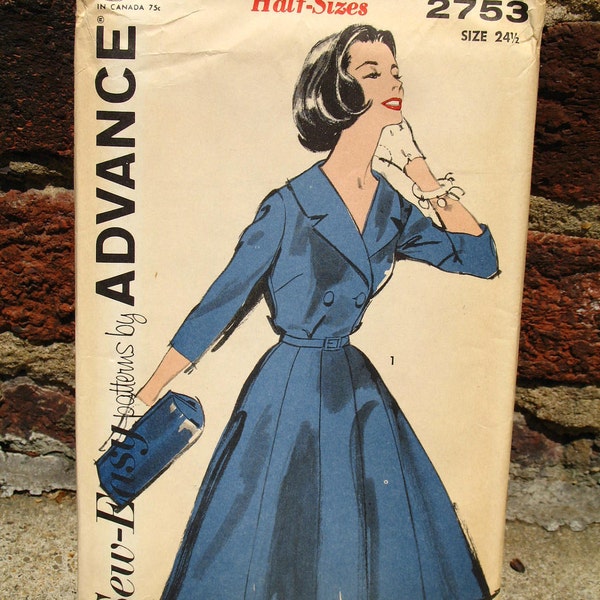 Vintage 50s / Sew Easy / Full Skirt / Coat Dress / Dress Pattern / Advance 2753 / Bust 45