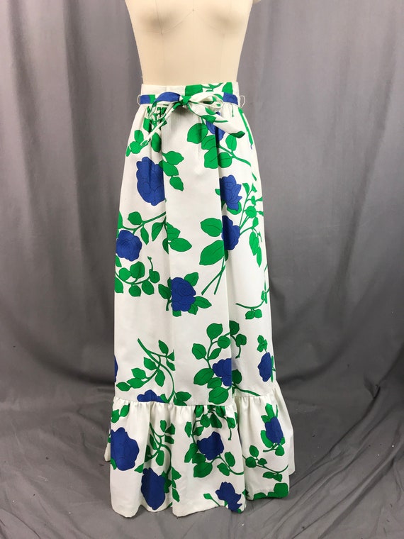 1960s Malia Hawaiian Maxi Skirt Blue and Green Fl