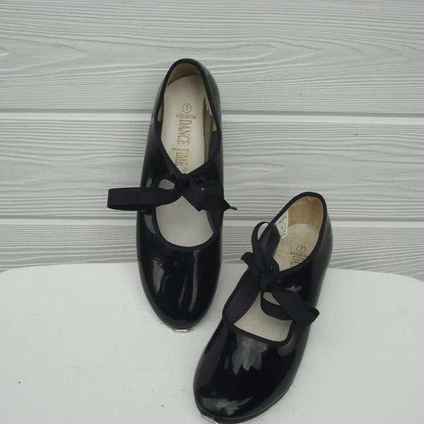Vintage Womens Tap Shoes / Black Patent Leather Tap Shoes / by Dance Time / Size 7
