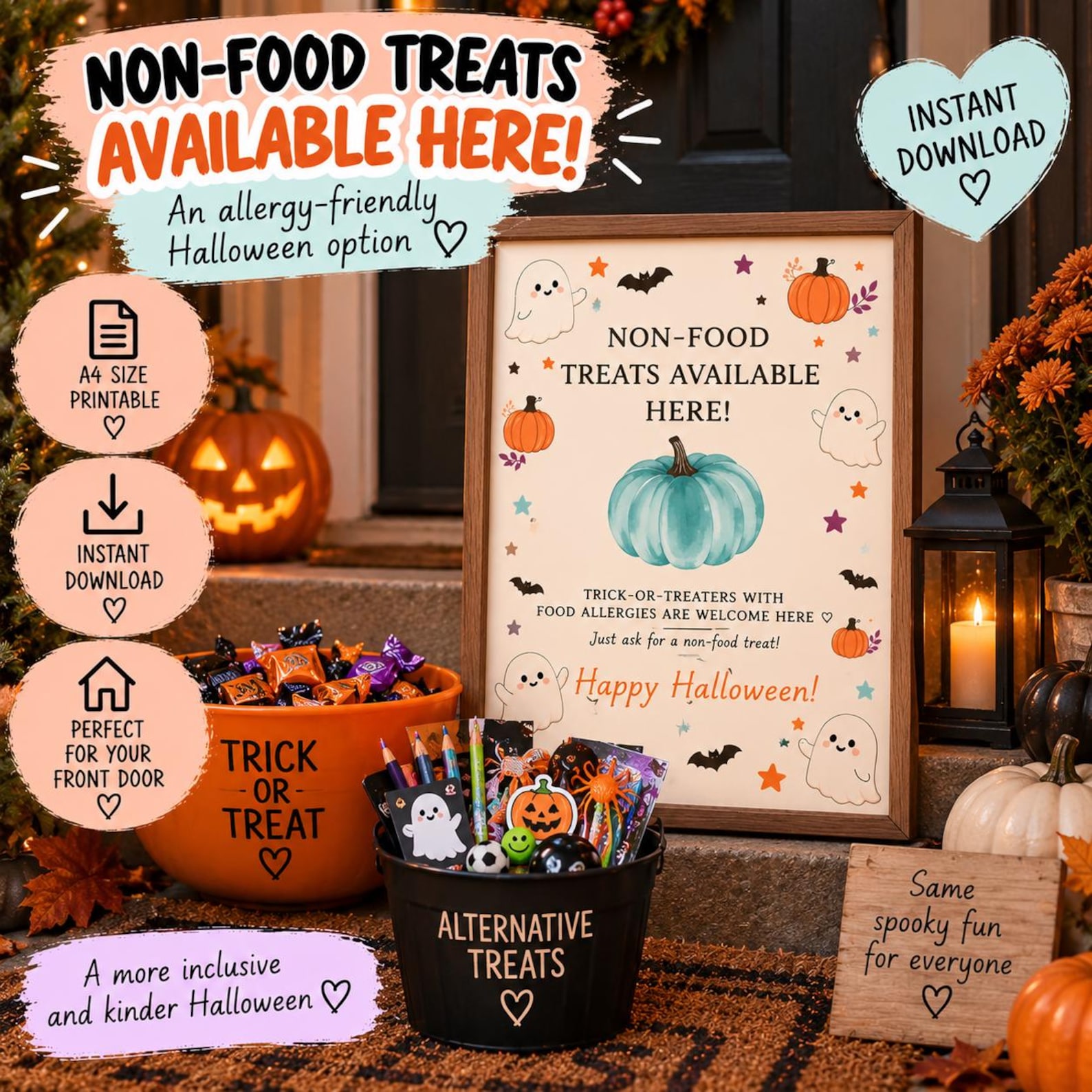 A Separate Non-Food Treat Station Halloween non-food-treat sign displayed near a separate bowl of alternative treats.