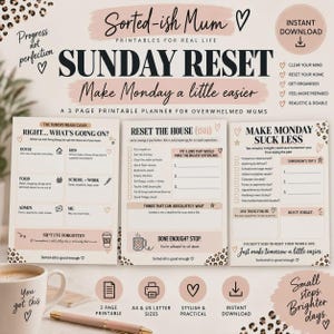 Op de afbeelding: Een driedelige printbare planner getiteld Sunday Reset met secties voor huis, eten, administratie en kinderen. De pagina's bevatten checklists, taakvakken en luipaardprint-accenten met teksten zoals Make Monday Suck Less en Sorted-ish Mum.