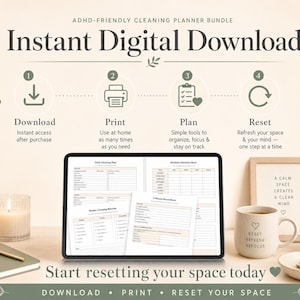 ADHD-Friendly Cleaning Planner Bundle, Printable Room Reset Checklist, Declutter Planner, Low Energy Cleaning Routine(Instant download)