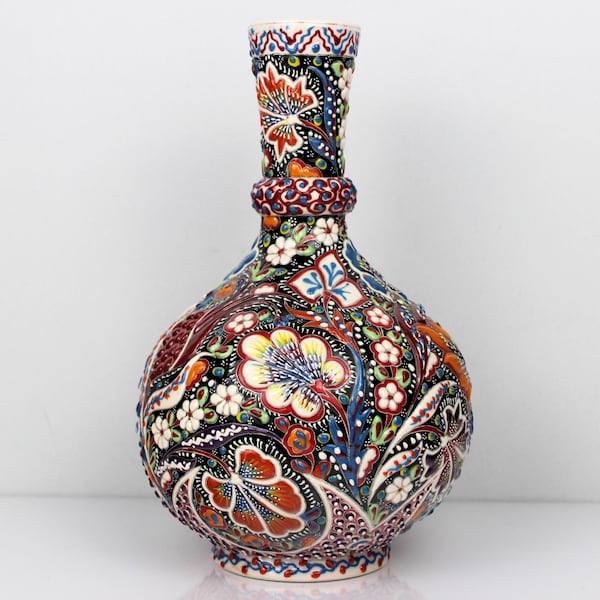 Hand Painted Turkish Ceramic Vase – Ottoman Anatolian Floral Art – Collector Luxury Decor
