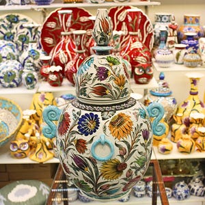 Jarrón de cerámica turca hecho a mano para jengibre – Jarrón con tapa de arte floral otomano