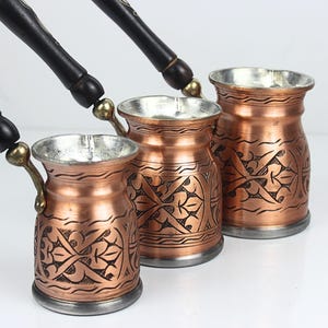 Hand-Engraved Copper Turkish Coffee Pot Set – 3 Sizes, Ottoman Style Cezve with Wooden Handle