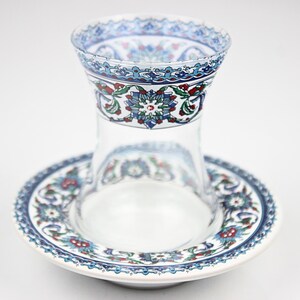 Op de afbeelding: Een heldere glazen theekop en schotel set. De kop heeft een tulpvorm met een decoratief bloemmotief in blauw, rood en groen. De schotel weerspiegelt het ontwerp van de kop. De set is ideaal voor het serveren van thee.